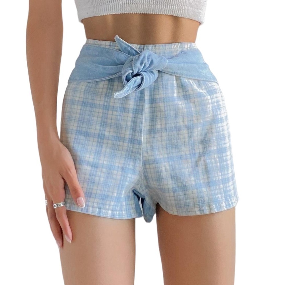BDG Tie Front Teacup Plaid Denim Shorts